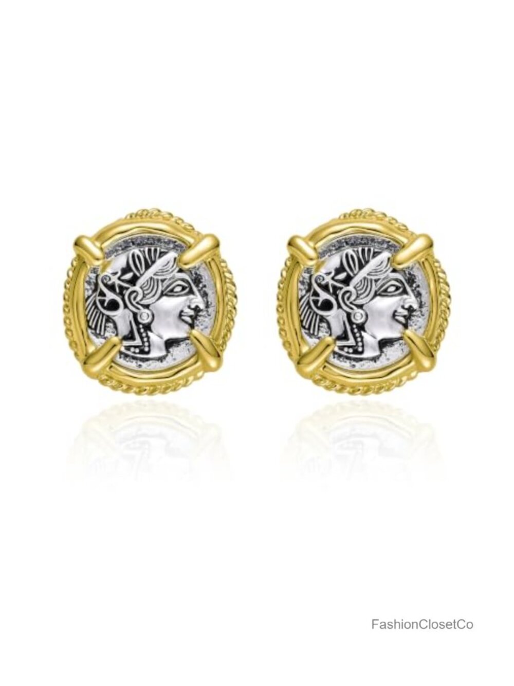 Two Tone 14K Gold and Antique Silver Greek Coin Stud Earrings 1 Inch